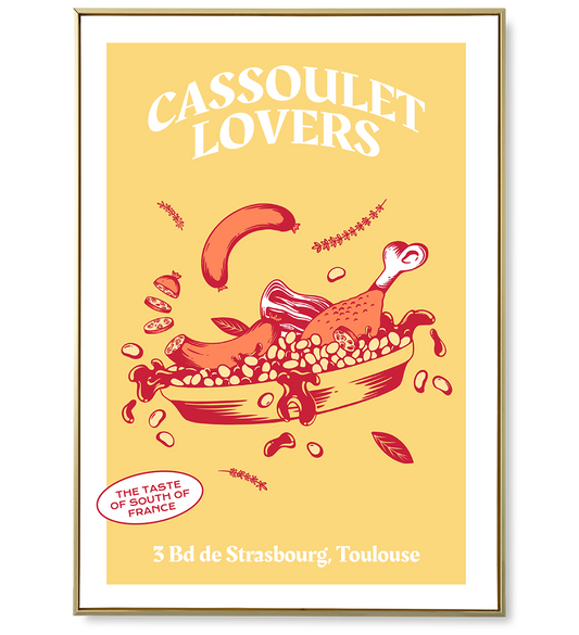 Affiche de cassoulet aux belles couleurs jaune, orange et rouge. Les éléments volent dans l'affiche, c'est gourmand, original et aérien